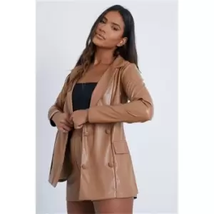 image of I Saw It First Taupe Double Breasted Faux Leather Blazer - Brown