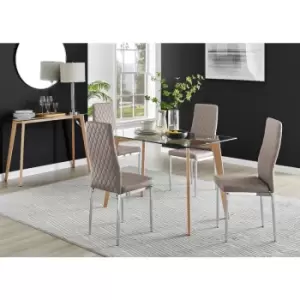 Image of Furniturebox UK - Furniturebox Malmo Rectangular Glass and Wooden Leg Modern Industrial Dining Table & 4 Cappuccino Milan Chrome Leg Faux Leather