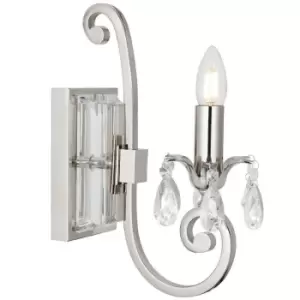 image of Esher Luxury Single Curved Arm Traditional Wall Light Bright Nickel Crystal Drop