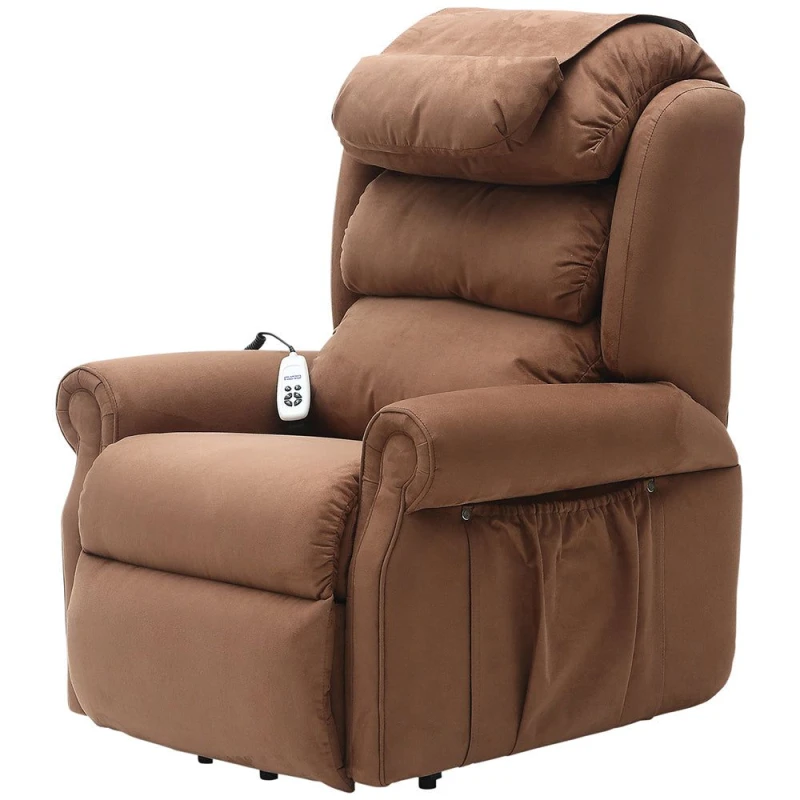 Image of Loops Dual Motor Rise and Recline Armchair - Waterfall Pillow - Brown Suedette Fabric Brown