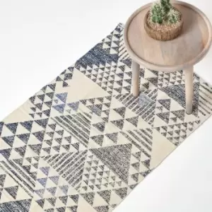 Image of Delphi Blue and White Geometric Style 100% Cotton Printed Rug, 66 x 200cm - Blue - Homescapes