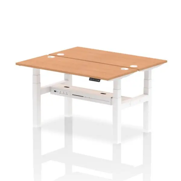 Image of Air Air Back-to-Back 1400 x 600mm Height Adjustable 2 Person Bench Desk Oak Top with Cable Ports White Frame HASCP2P14600OAKW