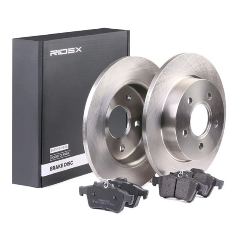 Image of RIDEX 3405B0040 Brake disc and pads set Rear Axle, Brake Disc Type: Solid Brake Set,disc brakes (3405)