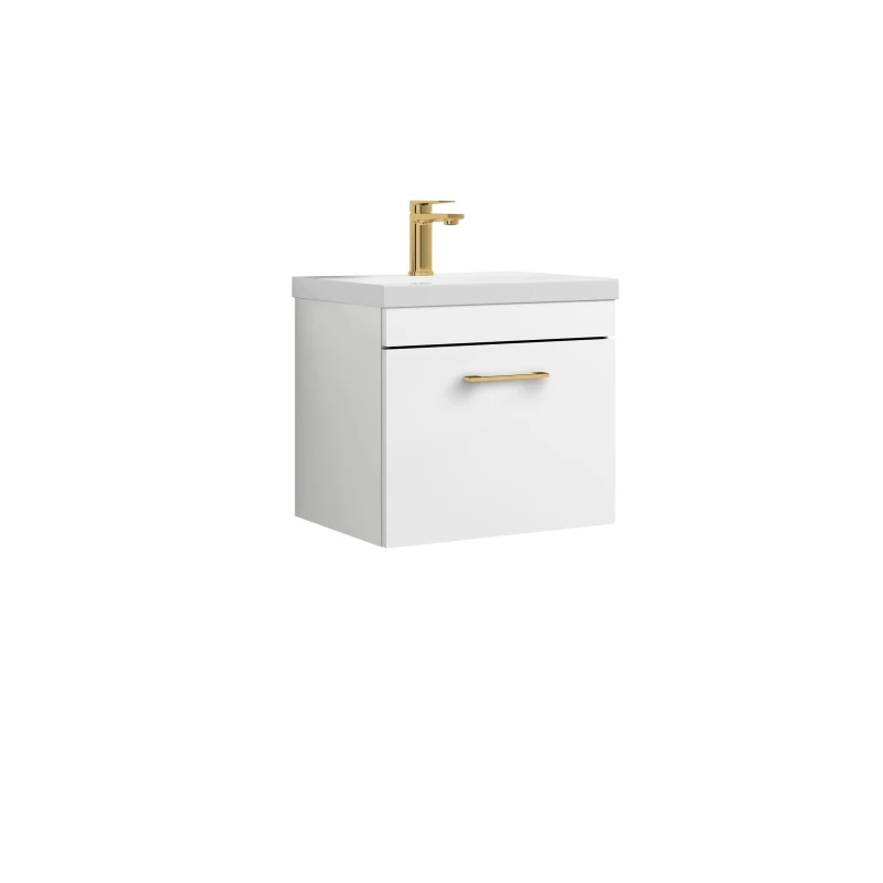 Image of Balterley 1 Drawer Wall Hung Vanity Basin Unit White Brushed Brass Handle 500mm White