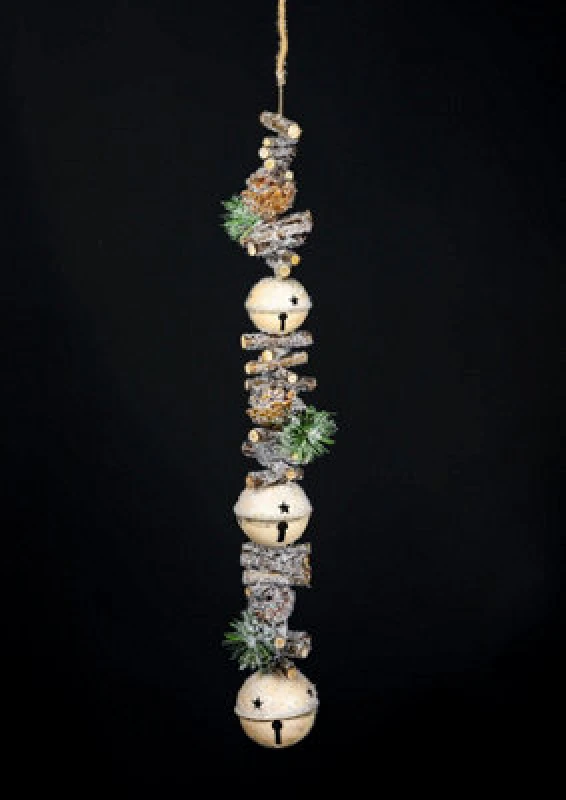 Image of Shatchi Hanging Decoration with Jingle Bells Wooden Sticks, Berries and Pinecones Christmas Home Wall Door 90cm Cream Gold