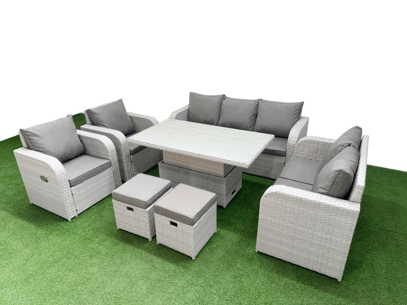 Image of Fimous PE Rattan Garden Furniture Set Reclining Chair Sofa Double Love Seat 2 Seater Sofa Lounge Set Adjustable Lifting Dining or Coffee Table 2 Stool