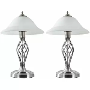 Image of 2 x Barley Twist Table Lamps With Frosted Alabaster Shades - Brushed Chrome - No Bulb