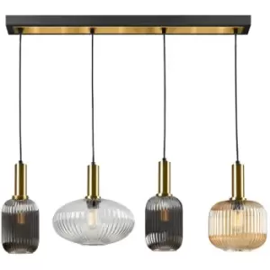 image of Schuller Norma 4 Light Bar Pendant Ceiling Light Black, Brass, 3 Crystal Shades, E27