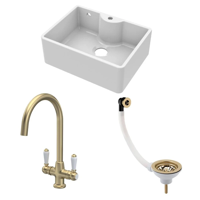 Image of BALTERLEY Fireclay Kitchen Bundle - Single Bowl Butler Sink with Overflow, Tap Hole, Waste & Lever Tap, 595mm - Brushed Brass - Balterley BSK205WT12