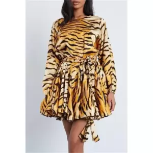 Image of I Saw It First Burnt Orange Premium Satin Woven Tiger Tie Waist Skater Dress - Orange