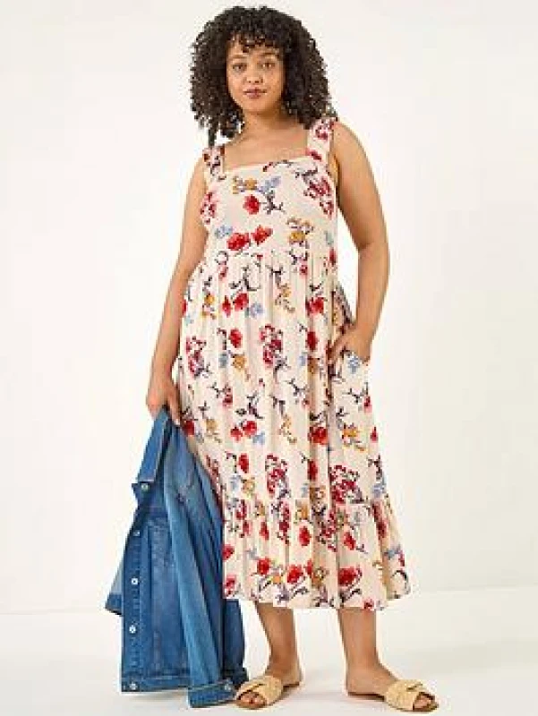 Image of Roman Womens Curve Ditsy Floral Strap Midi Dress in Beige Size: 26-28 Beige Female 26-28