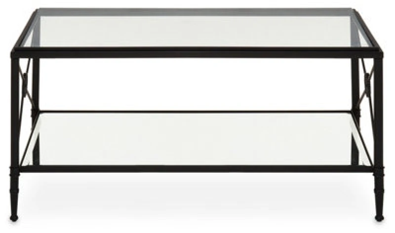 Image of Orsina Rectangular Coffee Table, Black Finish Metal Frame With X Side Cross, Dual Tier Tempered Glass Shelves