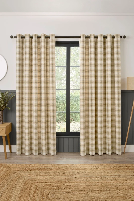 Image of Curtina 'Everett' Jacquard Woven Check Pair of Eyelet Curtains in Natural Size: 168cm width x 137cm drop Natural Unisex 168cm width x 137cm drop