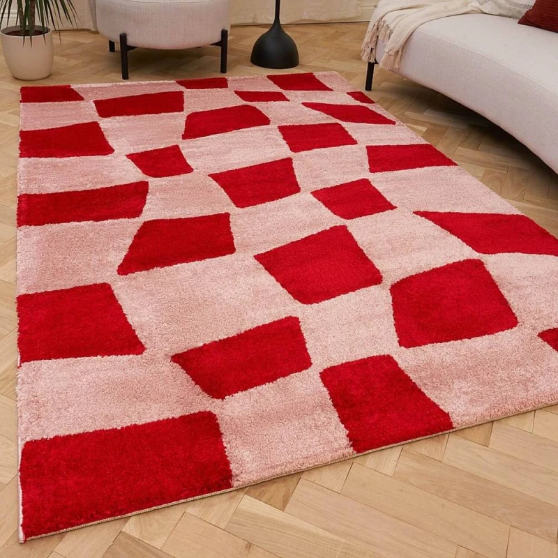 Image of THE RUGS Joli Chequered Soft & Dense Pile Living Room & Bedroom Rug in Pink Size: 80cm x 150cm Pink Unisex 80cm x 150 cm