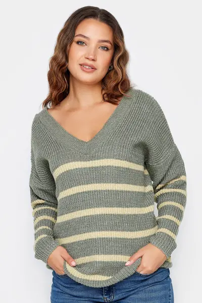 image of Long Tall Sally Tall V-Neck Stripe Jumper Grey