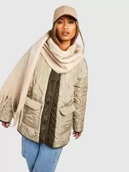 Image of Boohoo Quilted Oversized Jacket - Khaki, Green, Size 8, Women