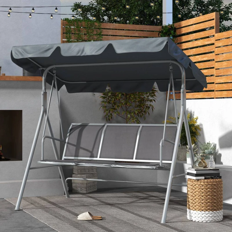 Image of OUTSUNNY Metal Swing Chair 3 Seater Patio Bench w/ Canopy, Dark Grey Dark Grey Unisex 3 Seater