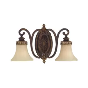 Image of Twin Wall Light Detailed Back Plate Glass Shades Walnut Finish LED E27 100W