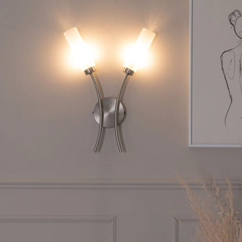 Image of ValueLights Maya Pair of 2 Way Curved Upright Reed Shaded Wall Lights with LED Bulbs Silver
