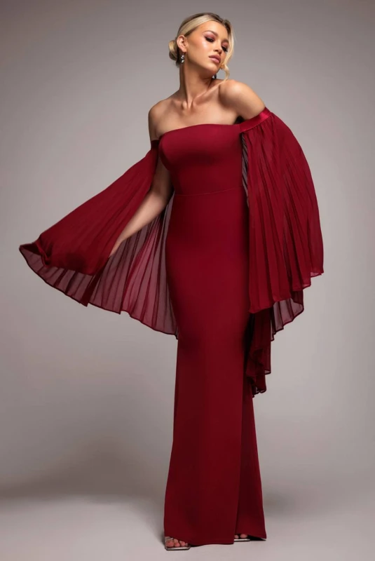Image of Goddiva Womens Strapless Maxi Dress With Pleated Chiffon Cape in Burgundy Size: 10 Burgundy Female 10