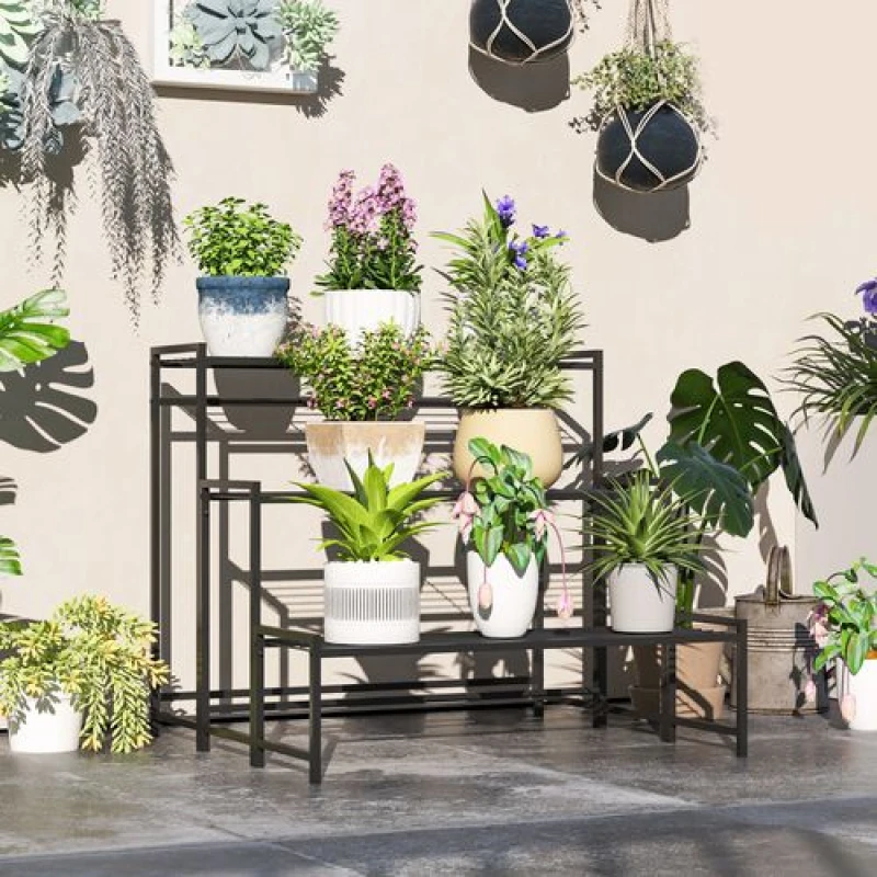 Image of Outsunny 3-Tier Metal Plant Stand, Modern Ladder Shelf for Garden, Black Black