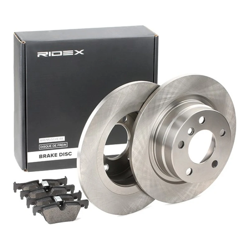 Image of RIDEX 3405B0408 Brake disc and pads set Rear Axle, Brake Disc Type: Solid, prepared for wear warning indicator, with piston clip Brake Set,disc brake