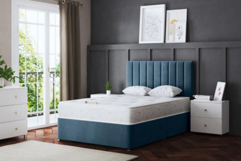 Image of DS Living Amelia Upholstered Divan Bed Metallic Blue Panel with Headboard Single, Blue A_SON_S_BLU