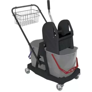 image of Wet mop trolley, 2 x 17 l double mobile buckets with push bar, and plastic frame