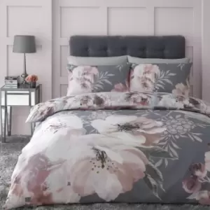 image of Catherine Lansfield Dramatic Floral Print Easy Care Reversible Duvet Cover Set, Grey, Single