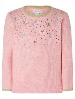 Image of Monsoon Girls Sequin Knitted Jumper - Pink, Size Age: 9-10 Years, Women