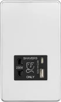 Image of KnightsBridge Shaver socket with dual USB A+C (5V DC 2.4A shared) - polished chrome with Black insert