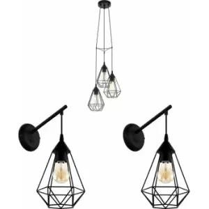 Image of Ceiling Pendant Light & 2x Matching Wall Lights Black Wire Cage Hanging Lamp