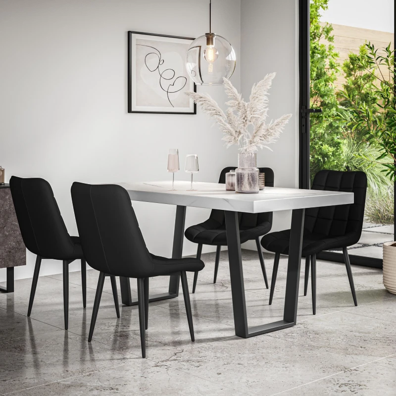 Image of More4Homes Aria Dining Table And Chairs - White Marble Effect Table Top W Black Legs + Nova Faux Leather Dining Chair Set Of 4 (Black)