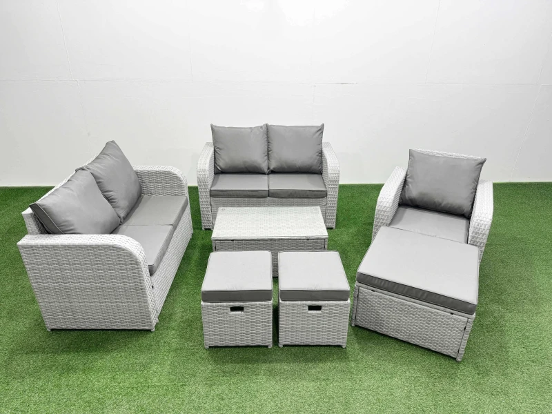Image of Fimous High Back Poly Rattan Garden Furniture Set with Reclining Chair Loveseat Sofa Rectangular Coffee Table Indoor Outdoor Patio Set 3 Stools Light