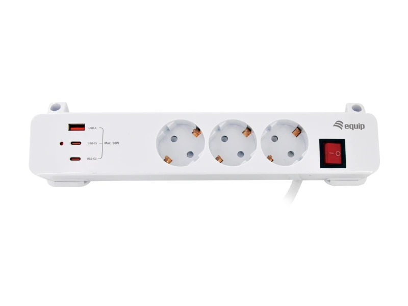 Image of Equip 3-Outlet Clamp Power Strip with 3 x USB (2C + 1A)