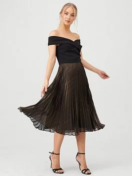Image of Oasis Metallic Pleated Bardot Midi Dress - Gold, Bronze, Size 10, Women