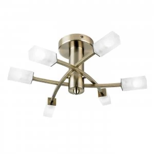 Image of 6 Light Semi Flush Multi Arm Ceiling Light Antique Brass Glass, G9