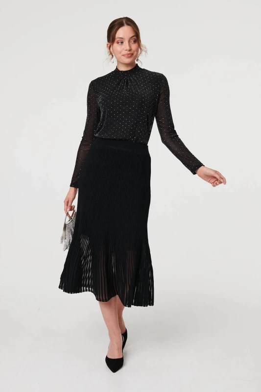 Image of Izabel London Womens Semi Sheer Pleat High Waist Midi Skirt in Black Size: 10 Black Female 10
