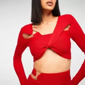 image of Missguided Co Ord Rib Triangle Detail Twist Knit Crop Top - Red