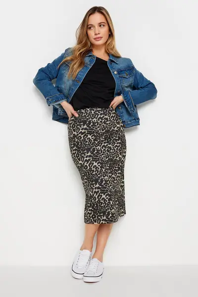 image of M&Co Petite Animal Print Ponte Midi Skirt Brown