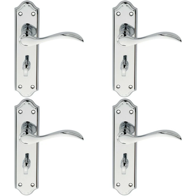 Image of Loops 4x PAIR Curved Door Handle Lever on Bathroom Backplate 180 x 45mm Chrome Multi