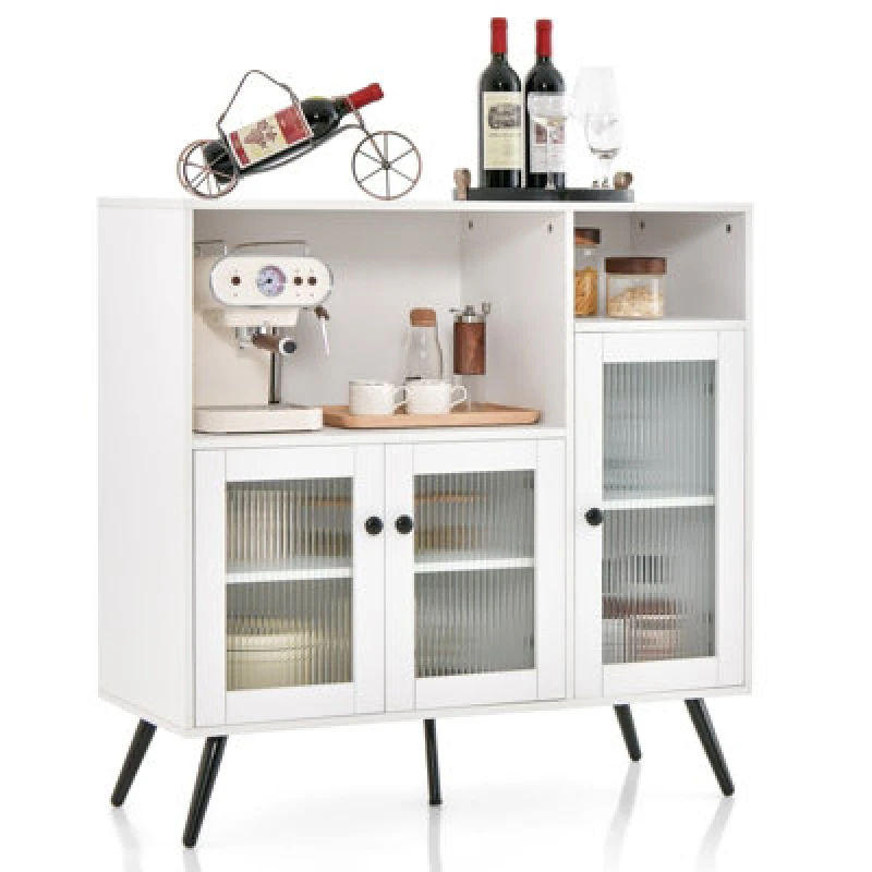 Image of Costway Kitchen Side Cabinet Wooden Buffet Sideboard Cupboard W/ Tempered Glass Doors