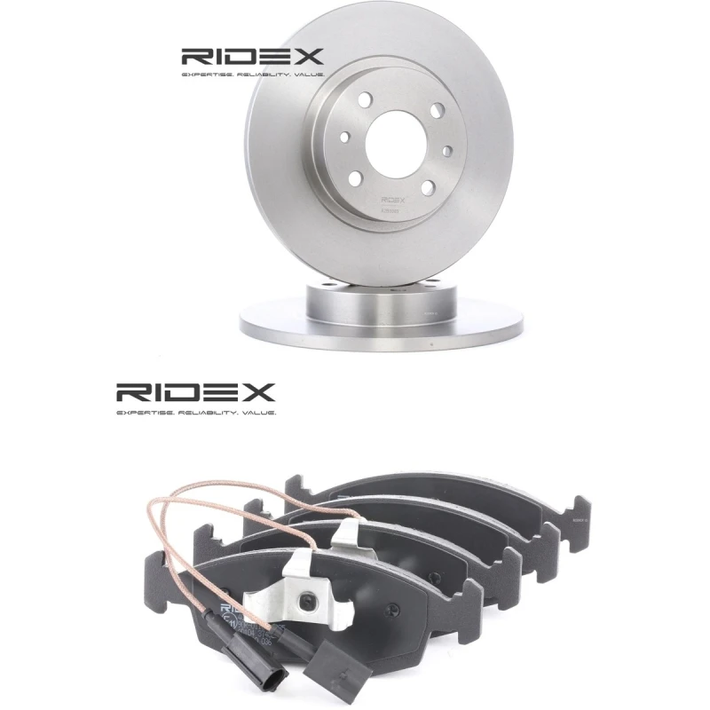 Image of RIDEX 3405B3390 Brake disc and pads set Front Axle, Brake Disc Type: Solid, incl. wear warning contact Brake Set,disc brakes (3405)