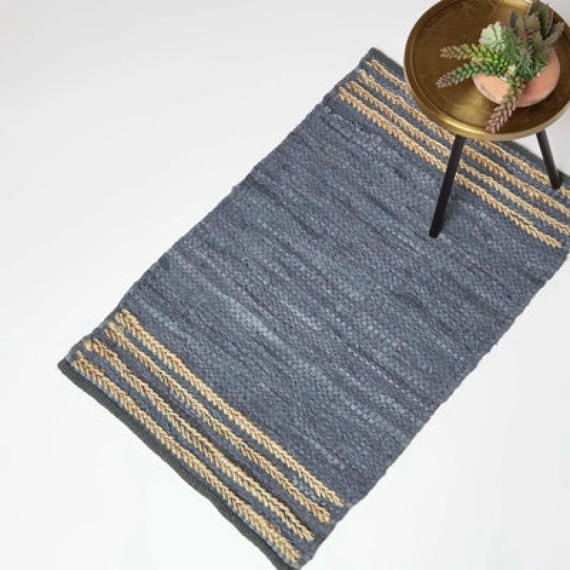 Image of Homescapes Grey Recycled Leather Handwoven Stripe Rug Grey