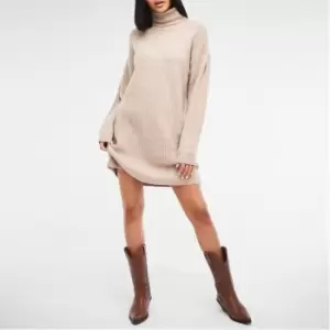 image of Missguided Tall Roll Neck Knit Mini Dress - Beige