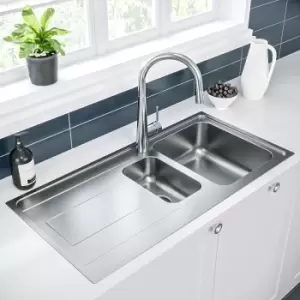 image of 1.5 Bowl Chrome Stainless Steel Kitchen Sink with Reversible Drainer - Enza Isabella