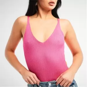 Missguided V Neck Colourblock Rib Knit Bodysuit - Pink