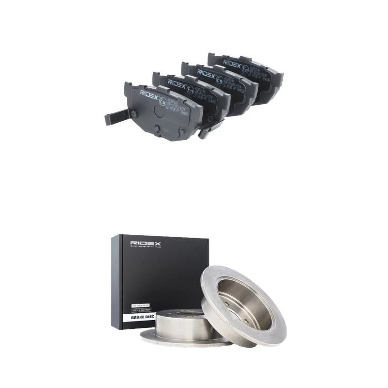 Image of RIDEX 3405B2468 Brake disc and pads set Rear Axle, Brake Disc Type: Solid, with acoustic wear warning Brake Set,disc brakes (3405)