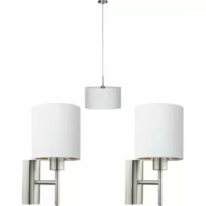 Image of Ceiling Pendant Light & 2x Matching Wall Lights Satin Nickel White Fabric Shade
