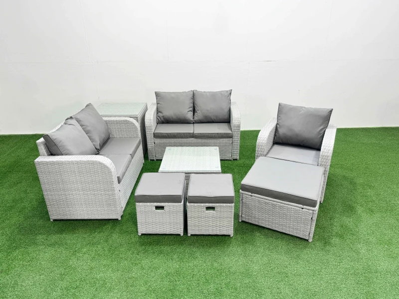 Image of Fimous High Back Poly Rattan Garden Furniture Set with Reclining Chair Loveseat Sofa Square Coffee Table Indoor Outdoor Patio Set 3 Stools Side Table